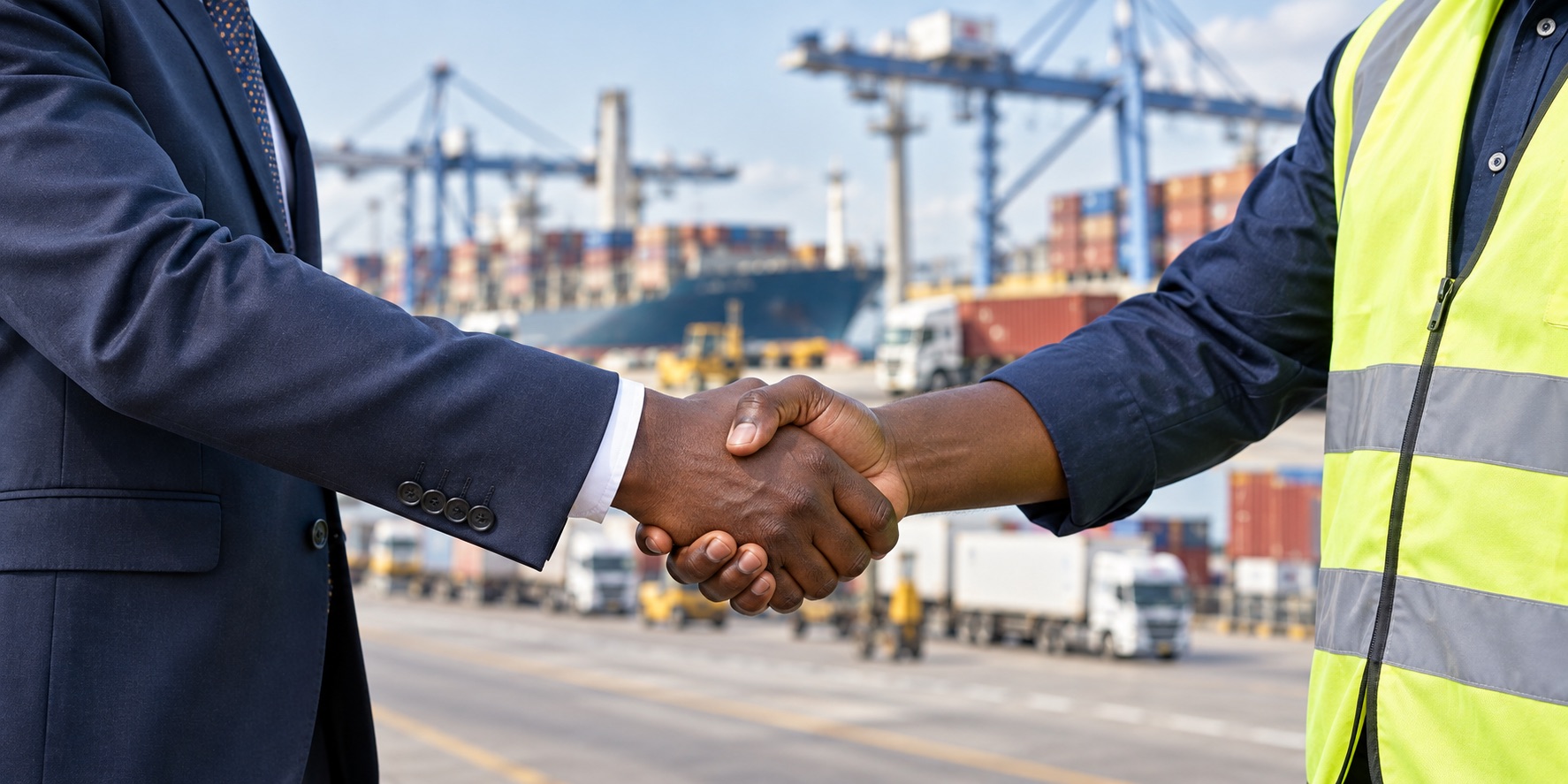 Transport professionals shaking hands at a logistics terminal