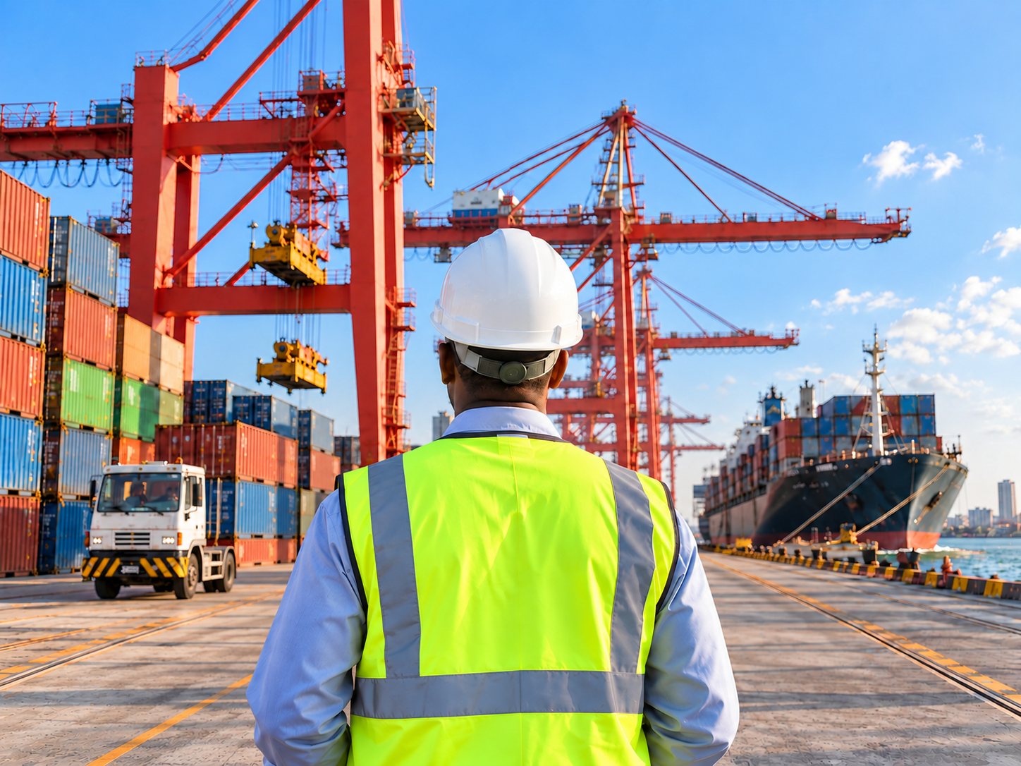 Logistics worker overlooking a container terminal